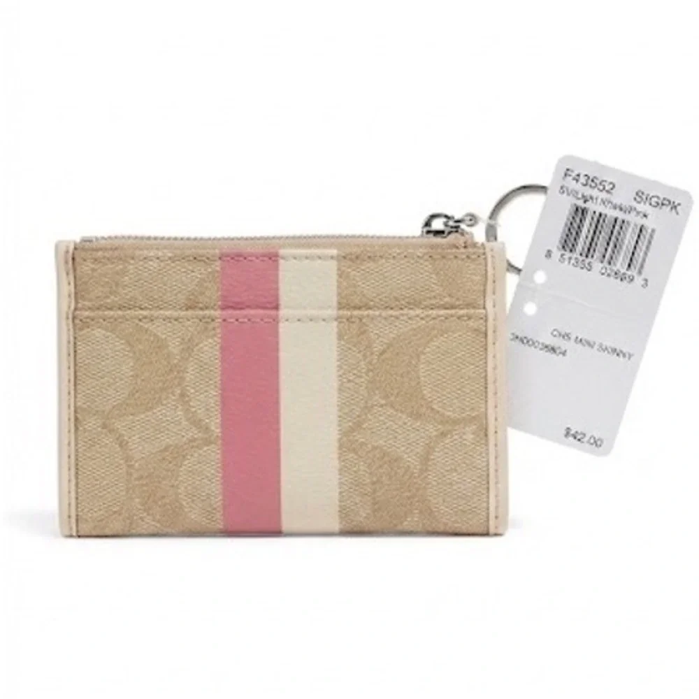 Coach Mini Skinny ID Case Khaki Pink Signature Monogram F43552 New With Tags